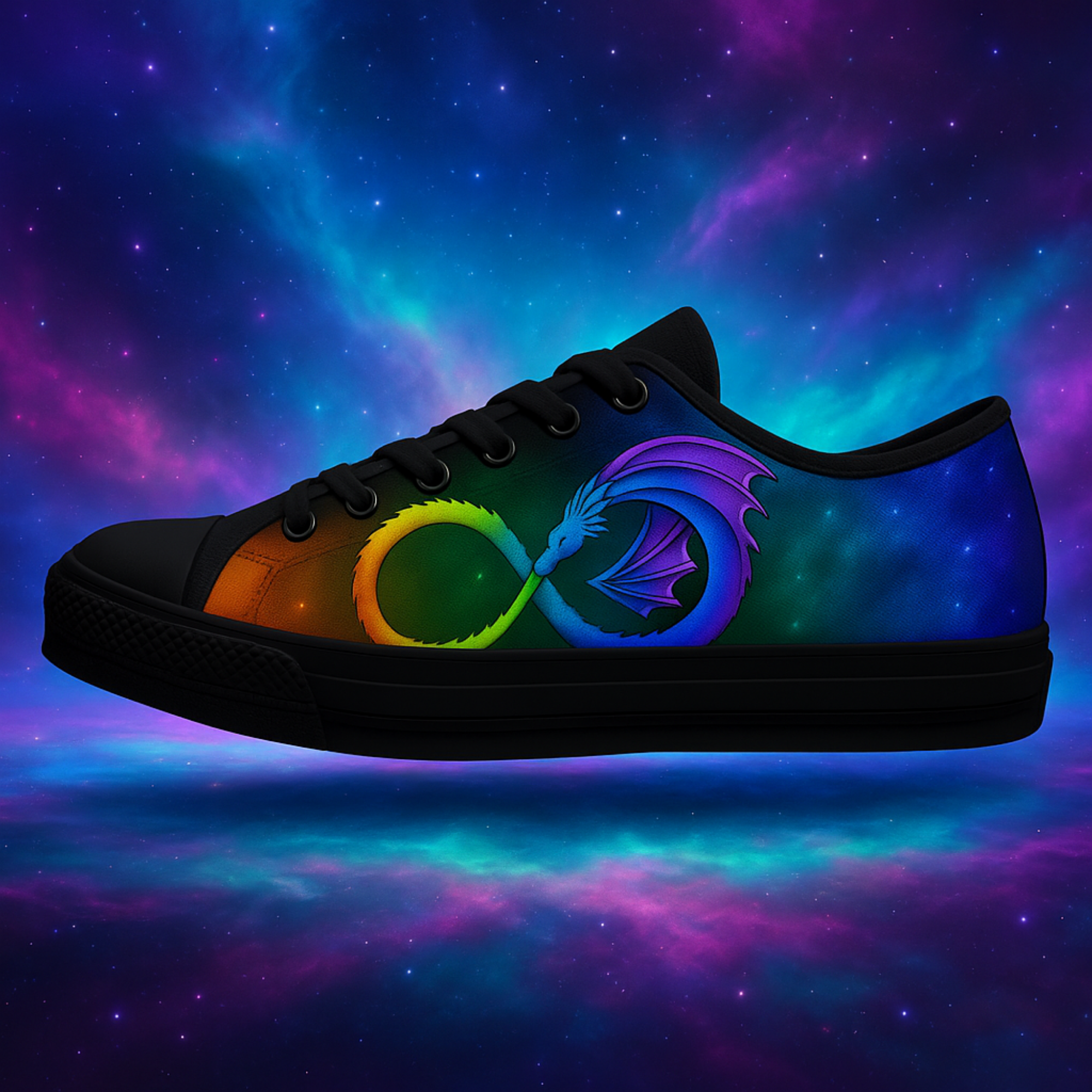 Sneaker with dragon design on a colorful galaxy background