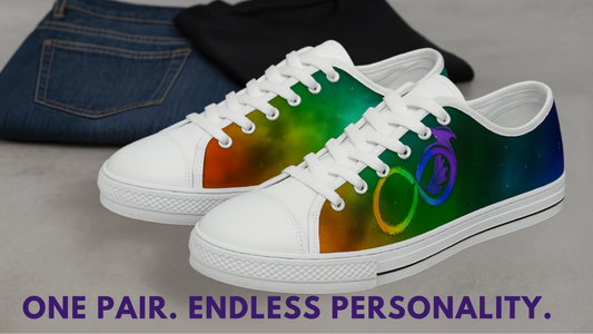 Infinite spectrum shoes paired with a pair of jeans and black shirt. Says "One pair. Endless personality." across the bottom of the image.