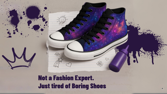 Galaxy patterned shoes on a purple dye splattered desktop.