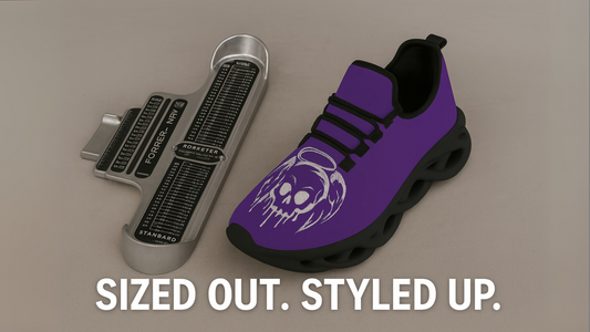 Nebula reaper shoe next to shoe sizer. Across the bottom it says "Sized Out. Styled Up."